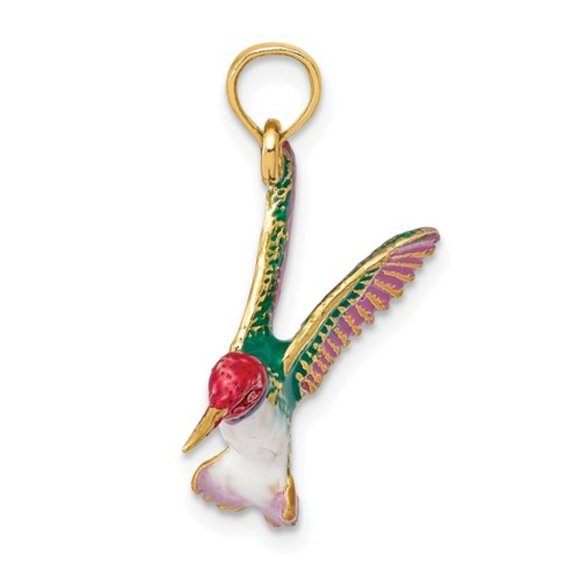 14k Yellow Gold Multi-color Enameled 3-D Hummingbird Necklace Charm Pendant Bird - Picture 3 of 4